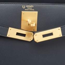 Hermes Bleu Obscure/Rouge H Sombrero Leather Brushed Gold Finish Kelly Sellier 28 Bag