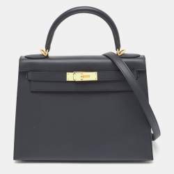 Hermes Bleu Obscure/Rouge H Sombrero Leather Brushed Gold Finish Kelly Sellier 28 Bag