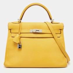 Hermes Jaune Togo Leather Palladium Finish Kelly Retourne 32 Bag