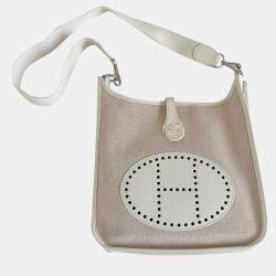 Hermes White Leather Toile Evelyne PM Shoulder Bag