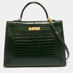 Hermes Vert Fonce Shine Crocodile Porosus Gold Finish Kelly Sellier 35 Bag