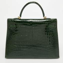 Hermes Vert Fonce Shine Crocodile Porosus Gold Finish Kelly Sellier 35 Bag