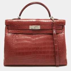Pre Owned Hermes Rouge H Matte Alligator Mississippiensis Palladium Finish Kelly Retourne 40 Bag