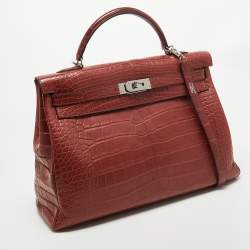 Pre Owned Hermes Rouge H Matte Alligator Mississippiensis Palladium Finish Kelly Retourne 40 Bag