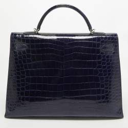 Pre Owned Hermes Bleu Roi Shine Crocodile Porosus Palladium Finish Kelly Sellier 40 Bag