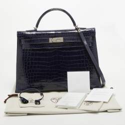 Pre Owned Hermes Bleu Roi Shine Crocodile Porosus Palladium Finish Kelly Sellier 40 Bag