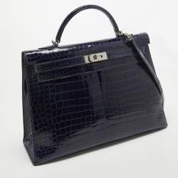 Pre Owned Hermes Bleu Roi Shine Crocodile Porosus Palladium Finish Kelly Sellier 40 Bag