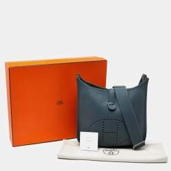 Pre Owned Hermes Bleu Orage Taurillon Clemence Leather Evelyne III GM Bag