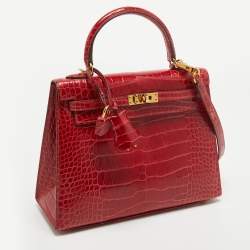 Pre Owned Hermes Rouge de Coeur Alligator Mississippiensis Gold Finish Kelly Sellier 25 Bag