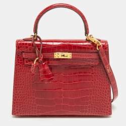 Pre Owned Hermes Rouge de Coeur Alligator Mississippiensis Gold Finish Kelly Sellier 25 Bag
