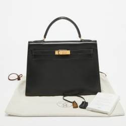 Pre Owned Hermes Noir Box Leather Gold Finish Kelly Sellier 32 Bag