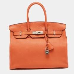 Hermes Feu Taurillon Clemence Palladium Finish Birkin 35 Bag