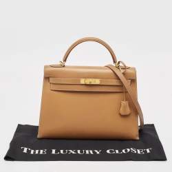 Pre Owned Hermes Natural Vache Leather Gold Finish Kelly Sellier 32 Bag