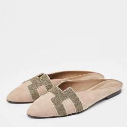 Hermes Beige Suede and Crystal Embellished Roxane Mules Size 36