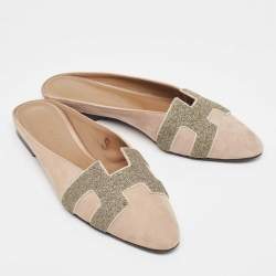 Hermes Beige Suede and Crystal Embellished Roxane Mules Size 36