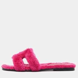 Hermes Pink Shearling Fur Oran Flat Slides Size 36.5