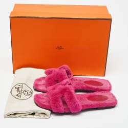 Hermes Pink Shearling Fur Oran Flat Slides Size 36.5