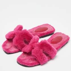 Hermes Pink Shearling Fur Oran Flat Slides Size 36.5