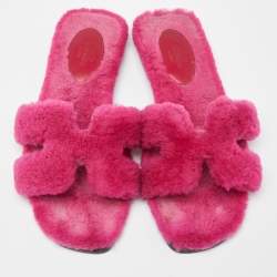 Hermes Pink Shearling Fur Oran Flat Slides Size 36.5