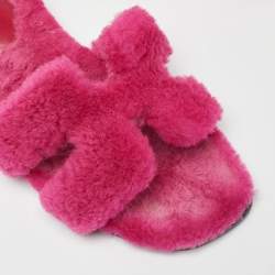 Hermes Pink Shearling Fur Oran Flat Slides Size 36.5
