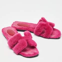 Hermes Pink Shearling Fur Oran Flat Slides Size 36.5