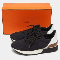 Hermes Balck/White Neoprene and Leather Miles Low Top Sneakers Size 35.5