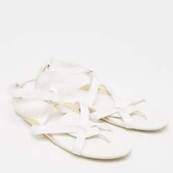 Hermes White Leather and Fabric Strappy Flat Sandals Size 38.5