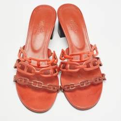 Hermes Orange/Brown Leather Tandem Sandals Size 38