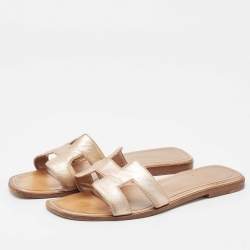 Hermes Metallic Pink Leather Oran Flat Slides Size 38