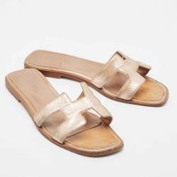 Hermes Metallic Pink Leather Oran Flat Slides Size 38