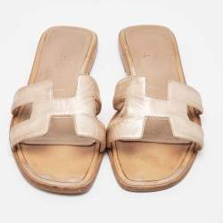 Hermes Metallic Pink Leather Oran Flat Slides Size 38
