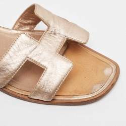 Hermes Metallic Pink Leather Oran Flat Slides Size 38