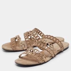 Hermes Beige/Gold Suede and Leather Chaine d'ancre Flat Slides Size 38