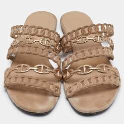 Hermes Beige/Gold Suede and Leather Chaine d'ancre Flat Slides Size 38