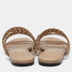 Hermes Beige/Gold Suede and Leather Chaine d'ancre Flat Slides Size 38
