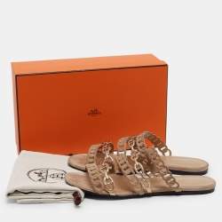 Hermes Beige/Gold Suede and Leather Chaine d'ancre Flat Slides Size 38