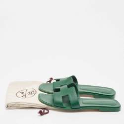 Hermes Green Leather Oran Flat Slides Size 40