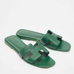 Hermes Green Leather Oran Flat Slides Size 40
