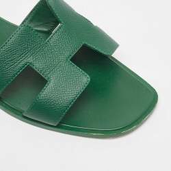Hermes Green Leather Oran Flat Slides Size 40