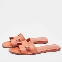 Hermes Orange Leather Oran Flat Slides Size 41 