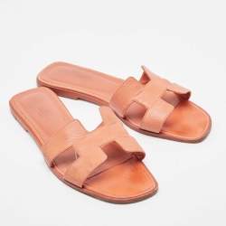 Hermes Orange Leather Oran Flat Slides Size 41 