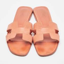 Hermes Orange Leather Oran Flat Slides Size 41 