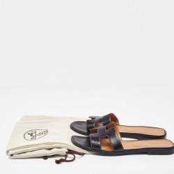 Hermes Black Leather Oran Flat Slides Size 41.5