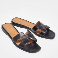 Hermes Black Leather Oran Flat Slides Size 41.5