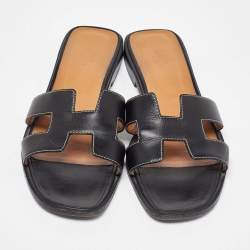 Hermes Black Leather Oran Flat Slides Size 41.5