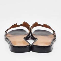 Hermes Black Leather Oran Flat Slides Size 41.5