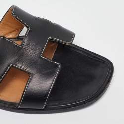 Hermes Black Leather Oran Flat Slides Size 41.5