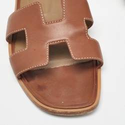 Hermes Brown Leather  Oran Flat Slides Size 36.5 