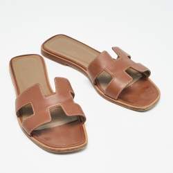 Hermes Brown Leather  Oran Flat Slides Size 36.5 
