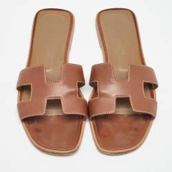 Hermes Brown Leather  Oran Flat Slides Size 36.5 